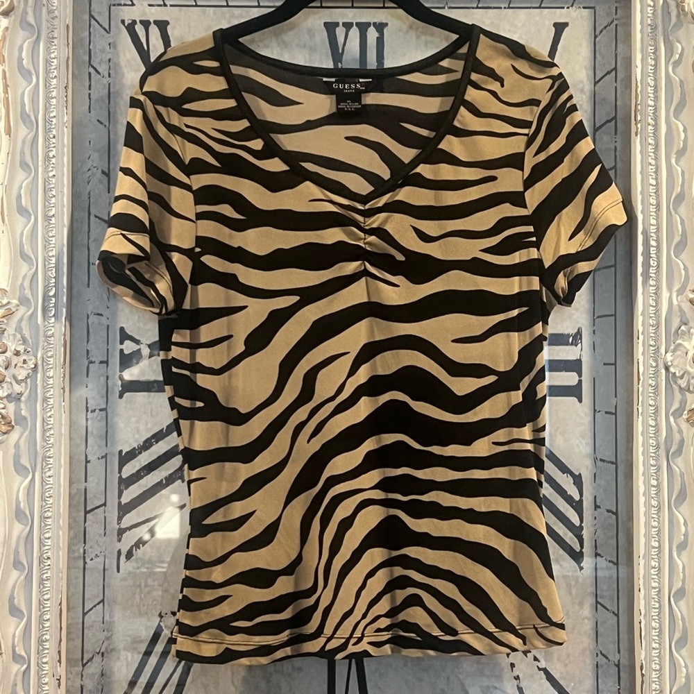 Guess Black and Tan Zebra Print Short Sleeve Top